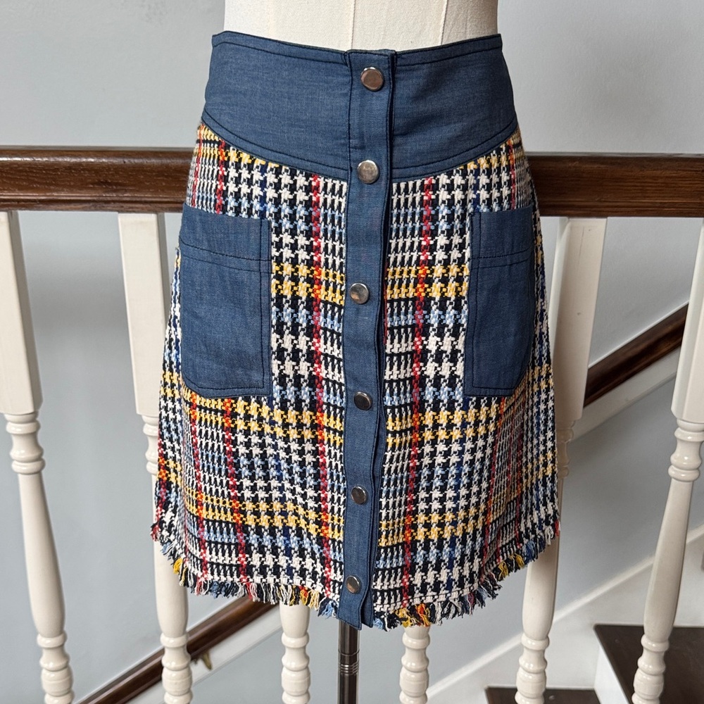 Zara Navy Waistband Multicolor Plaid Button-Front Mini Skirt